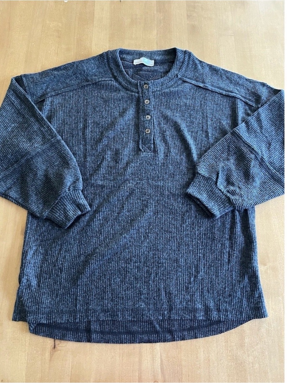 Zenana Outfitters Ribbed Henley Sweatshirt - Heather Gray - Picture 3 of 3